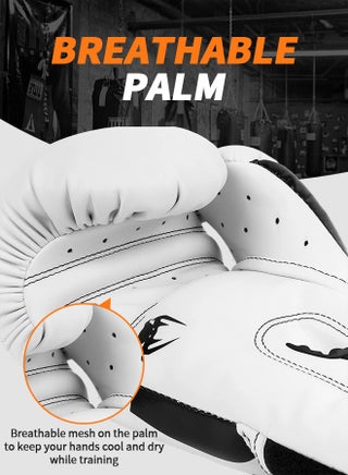 12OZ Boxing Gloves PU Leather, Muay Thai Kickboxing MMA Sparring Training, Advanced TAKKA Closure, Padding, Punch Bags Speed Ball Focus Pads Workout-White - view 3